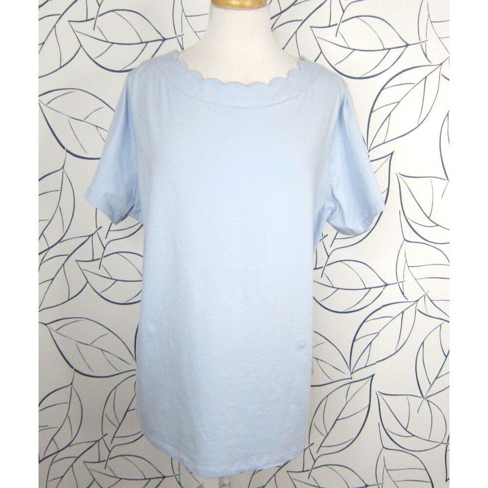 ANNE KLEIN Blue Stretch Scalloped Neck Short Sleeve Pullover Top Size 2X New!